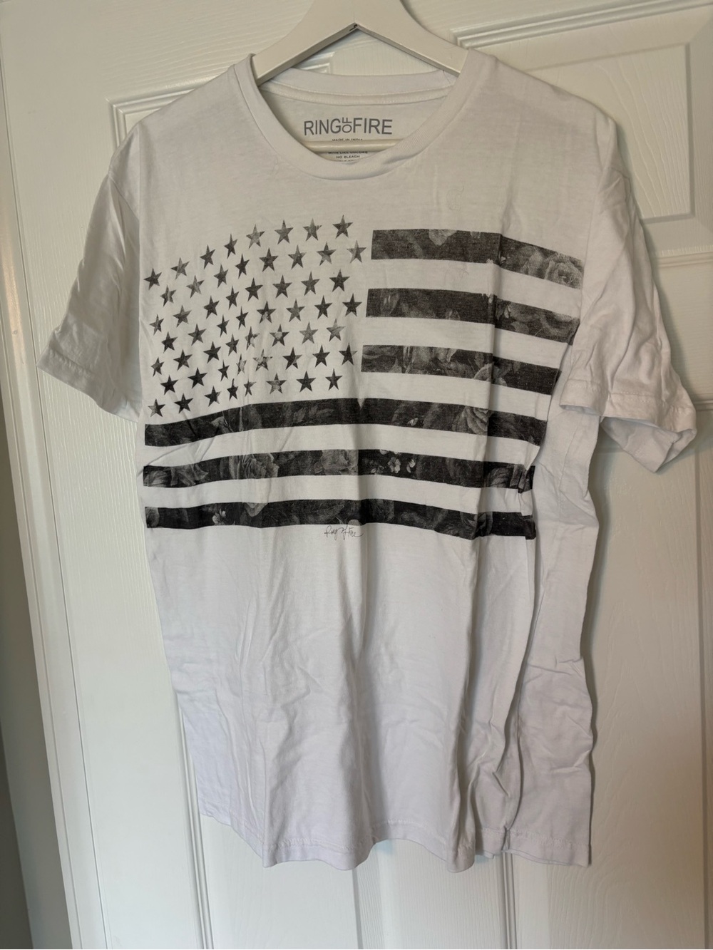 Vintage Ring of Fire White Short Sleeve Tee with Black Flag Graphic